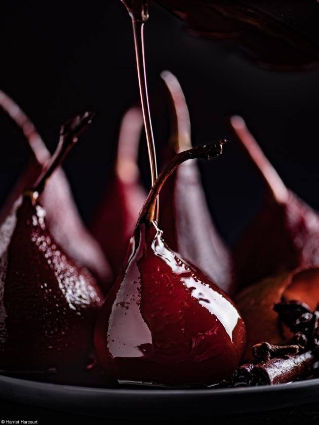 Marks & Spencer Food Portraiture, Harriet Harcourt, Australia. 'Mulled Pears'. Pouring the spiced wine syrup over the poached pears before serving.