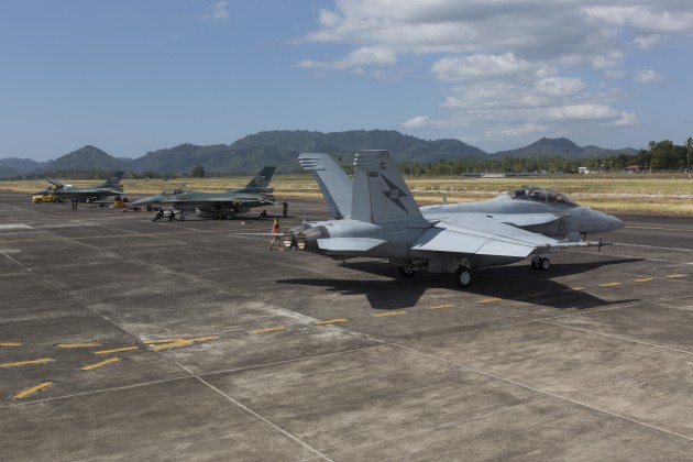 An F/A-18F Super Hornet from 1 Sqn RAAF taxis out on a sortie at Sam Ratulangi Air Force Base during Exercise Elang AUSINDO 2019. (Defence)