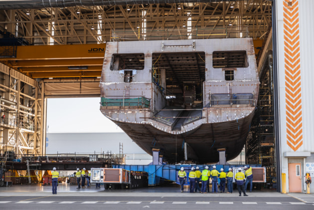 The Offshore Patrol Vessel (OPV) program has reached another milestone with the two halves of the first Arafura Class OPV coming together to form a complete hull. (Defence)