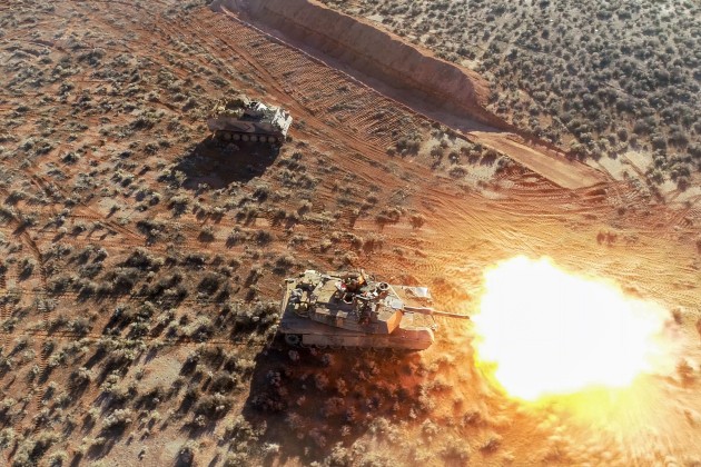 An M1A1 Abrams Main Battle Tank, from the 1st Armoured Regiment, fires its main armament during live-fire training at Cultana Training Area, South Australia. Credit: Defence