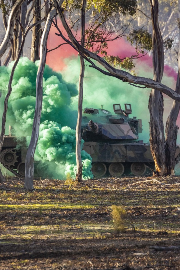 An Australian Army M1A1 Main Battle Tank is covered in smoke during a simulated chemical weapon attack on Exercise Gauntlet Strike. (Defence)