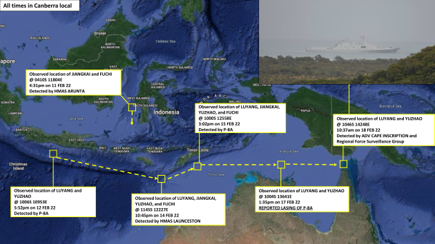 A Headquarters Joint Operations Command storyboard depicting the movements of a PLA-N Luyang-class guided missile destroyer and a PLA-N Yuzhao-class amphibious transport dock vessel, including their passage into the Arafura Sea and through the Torres Strait into the Coral Sea. (Defence)