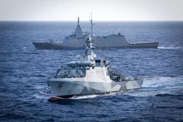 HMS Tamar and JS Noshiro conduct Officer of the Watch manoeuvres during corporative activities with HMAS Choules while on a regional presence deployment. JS Noshiro is a Mogami class frigate. 
Credit: Defence
Credit: Defence