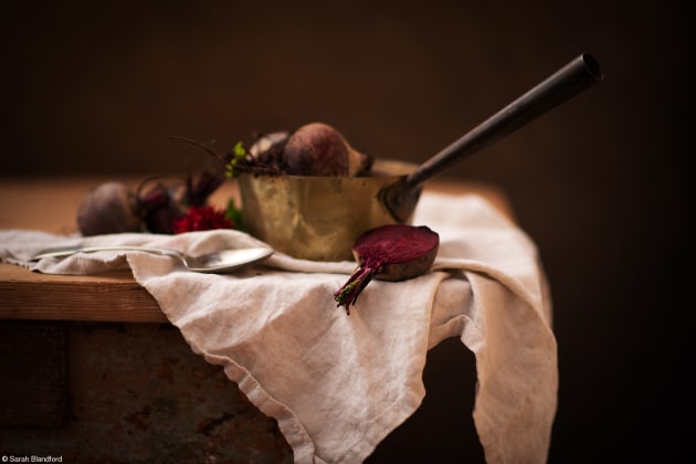 Student Food Photographer of the Year, Sarah Blandford, United Kingdom.	'Beetroots Still Life'.	Home grown beetroots in a copper pan ready for cooking.