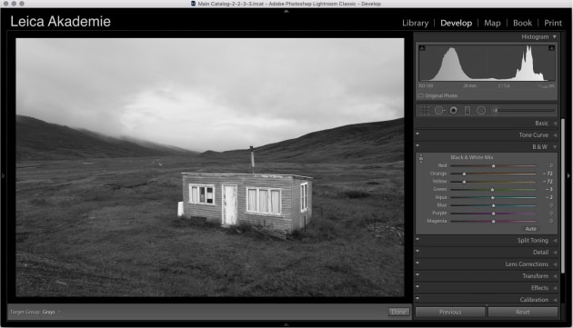 Changing to the B&W Pane in Lightroom allows me to darken the Oranges and Yellows (the grass) without changing the lightness of the hut or the sky. The hut now stands out much better and it’s interesting to note that the curtains also darken slightly because they are cream coloured in the original.