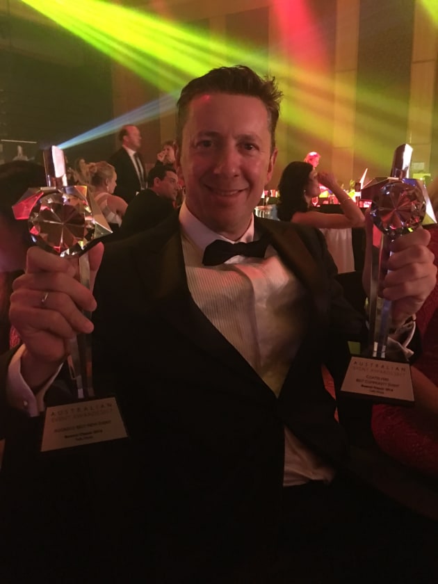 James Yaffa of Yaffa Media with the Bowral Classic's two major awards, Best New Event and Best Community Event.