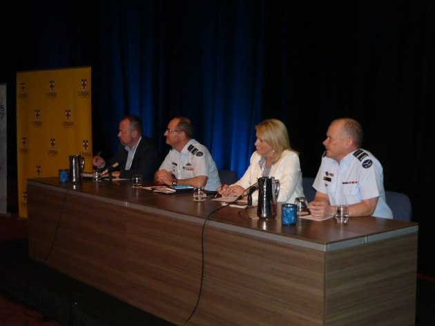 The Future CIS Capability panel: (L-R) Assistant Secretary ICT Architecture Peter Corcoran, Head Force Design AVM Mel Hupfield, director Telstra Defence Engagement Kathryn Jones, and HICTO AVM Andrew Dowse. Credit: ADM Patrick Durrant