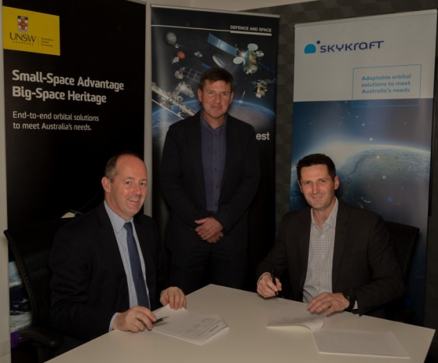 Nicolas Chamussy, Head of Space Systems, Airbus, Professor Russell Boyce, Chair of Space Engineering, UNSW Canberra and James Prior, Managing Director, Skykraft signing the MoU. Credit: Airbus