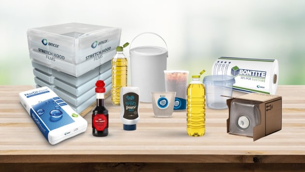 Amcor’s range of reusable cups, closures and flexible packaging on display at Fachpack 2025.