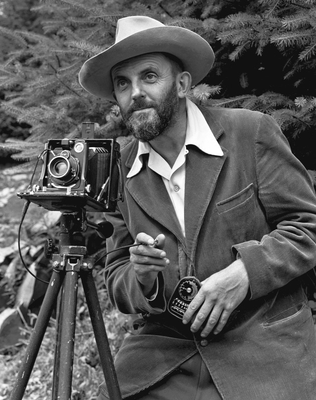Ansel Adams and camera circa 1950. Image: Public domain / Wikipedia.