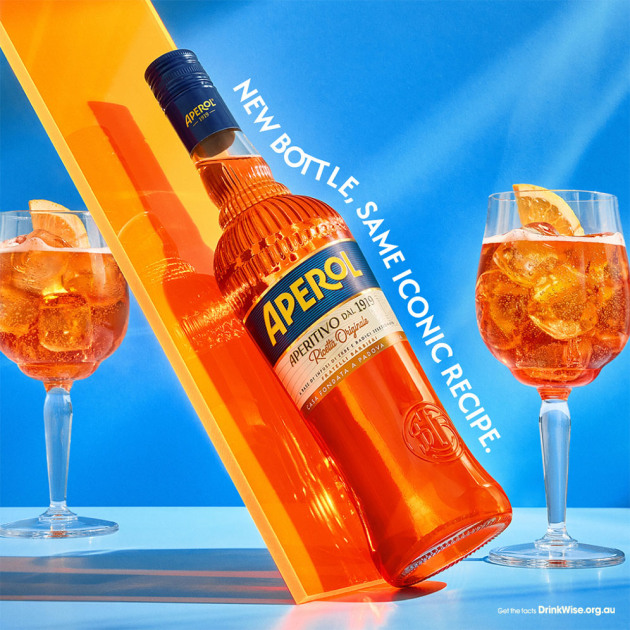 The refreshed bottle design draws on Aperol’s heritage.