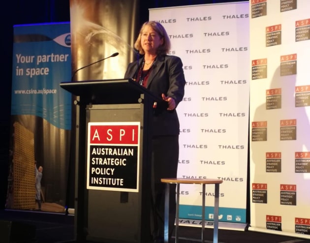 Col (retd) Pam Melroy, a former space shuttle commander, speaking at ASPI's conference. Credit: ASPI