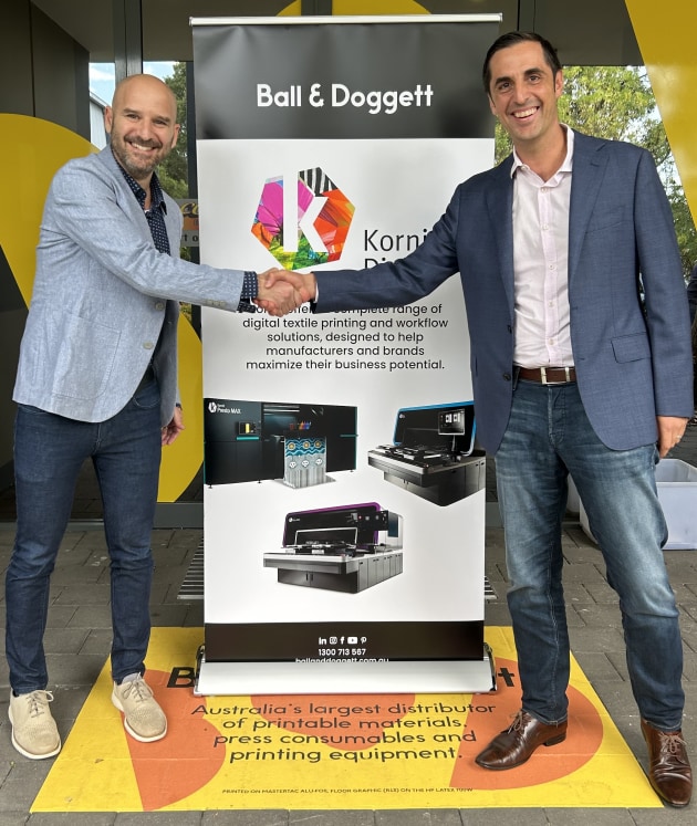 Ball & Doggett to supply Kornit's DTG on-demand print systems: (l-r) Tomer, Kornit Digital, and Rob Brussolo, Ball & Doggett