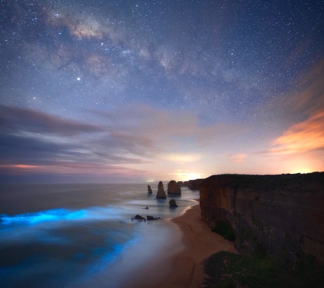 Josh Beames, Bioluminescence, captured over the twelve apostles, Great Ocean Road.