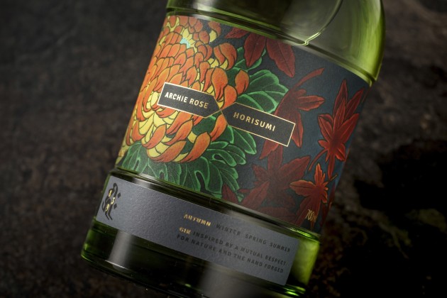 Archie Rose limited edition Autumn Gin, artwork by Horisumi, graphic design by Squad Ink, label printed by MCC on an HP Indigo 6600 Digital Press.