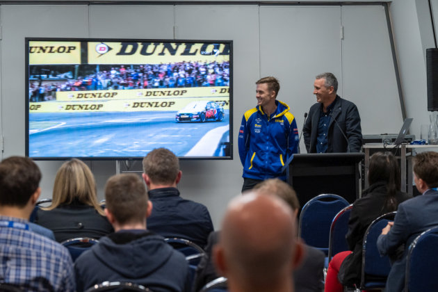 Legend on track: Mark Winterbottom (left) and Kelvin Gage and the Dscoop audience watched video highlights documenting the star's success.