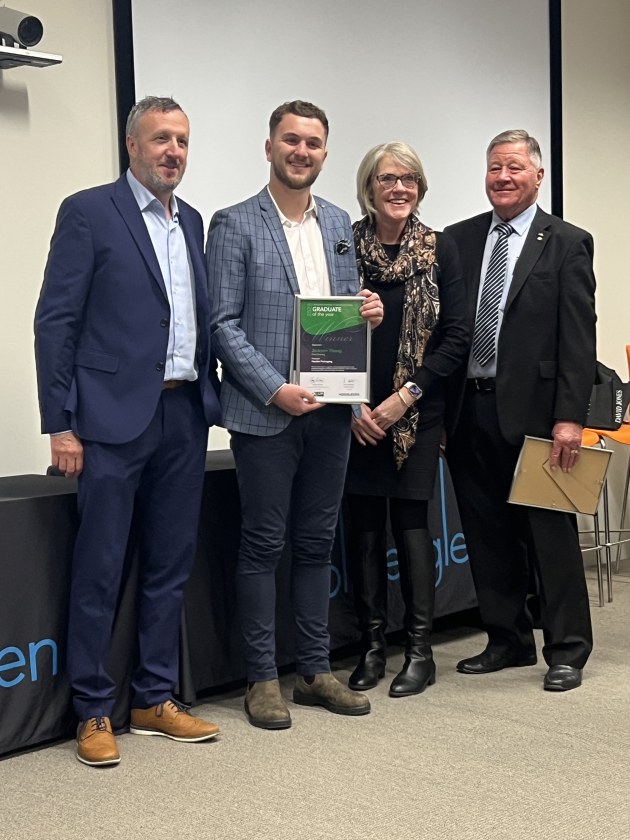 Championing graduates: (l-r) Heidelberg's Darren Brookes, Graduate of the Year Jackson Young, and the LIA's Robyn Frampton and Lindsay Banks
