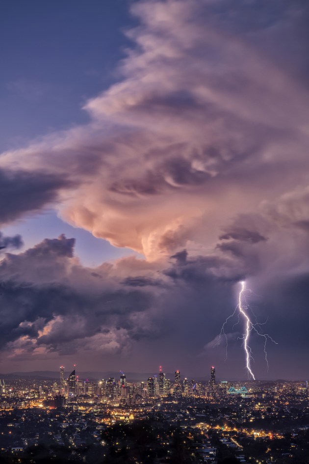 Brisbane, Qld. After last year’s supercells that lashed South East Queensland, I thought I’d try a different vantage point, shooting the storms from Mt Gravatt Lookout. The setting sun adds depth to the rising cumulonimbus cloud. Nikon D810, 24-120mm f/4 lens @ 58mm, 10s @ f/16, ISO 64. 