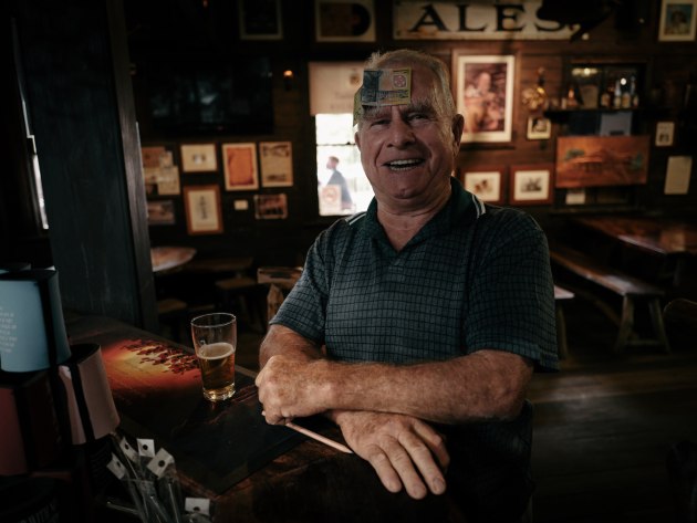 Taylors Arm local, Joe Kyle showing off his balancing act trick with his bushy eyebrows at the Pub With No Beer. Image courtesy Australian Geographic.