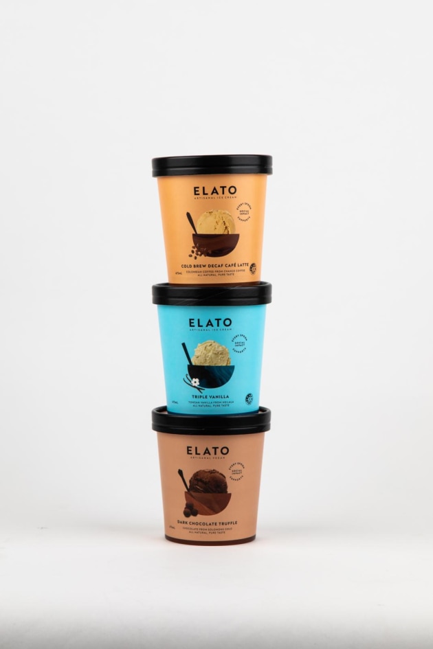 Elato is available in Triple Vanilla, Cold Brew Decaf, and Vegan Dark Chocolate.