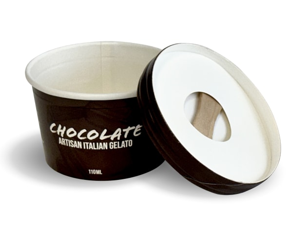 Everest’s 110ml FSC paper cup with integrated birchwood spoon, part of the new nationwide rollout with BioPak.