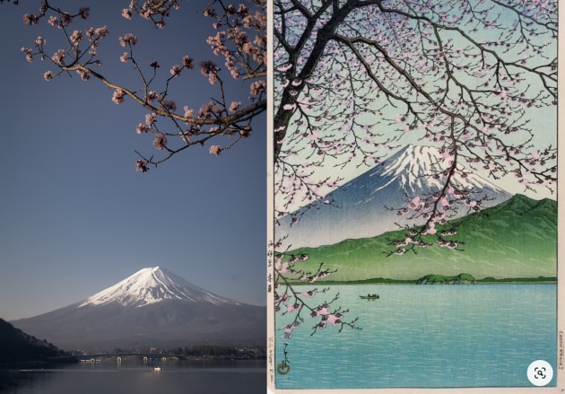 Left: 桜 (Sakura) Lake Kawaguchi, Right: Mount Fuji by Hirose Kawase.