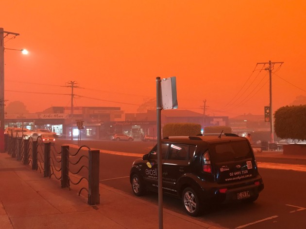 Merimbula on the NSW South Coast was shrouded in smoke on Sunday morning. (Image: Alan Mogridge)