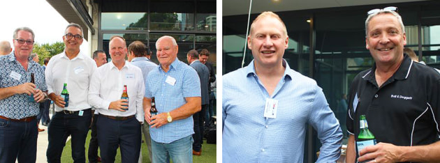 Pic 1: Shane Hanlon, Fujifilm with Philip Burns, Agfa, Luke Wooldrige, Fujifilm and Cactus Imaging’s Keith Ferrel. Pic 2: FESPA’s NIgel Davies with Damian Pocock, Ball & Doggett