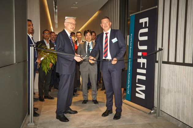 Its open: Cutting the ribbon the new Fujifilm Business Innovation showroom in Melbourne are (l-r) Ken Sugiyama, Takayuki Togo and Gary Pert