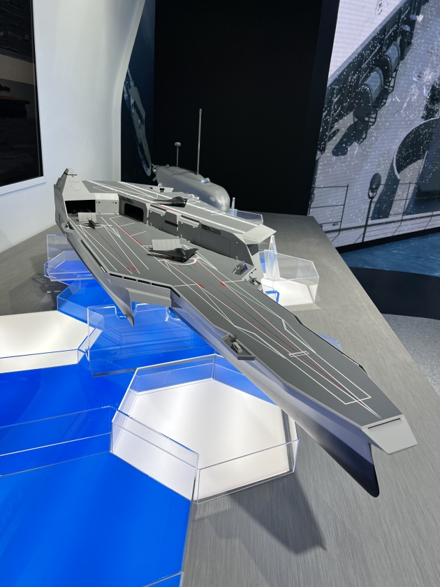 Hanwha Ocean’s proposal for a 16,000-ton Multi-purpose Unmanned Force Command Vessel at MADEX 2023.
Credit: Eunhyuk Cha