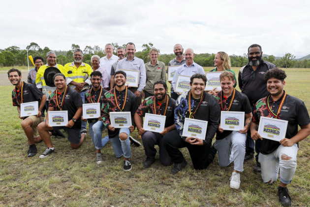 Darumbal Graduates celebrate with Darumbal Elders, Downer Defence, Ecosure and TAFE Queensland representatives. (Salty Dingo)