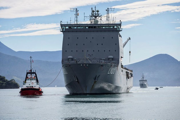 HMAS Choules in the Marlborough Sounds, NZ. Credit: Defence.