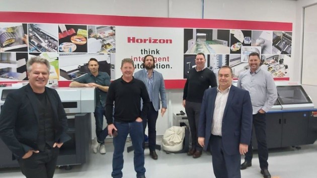 Pre-booked printers visit Currie Group to check out the latest finishing developements at Horizon by Appointment, with appropriate distancing social maintained: Pictured are: (l-r) Peter Massaro and Ken Beck, Carbon8; Michael McDiarmid, Emerald Press; Will Currie, Anthony AJ Jackson, Bernie Robinson and John Richmond form Currie Group.