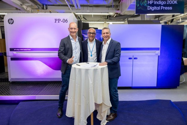 Strengthened partnership: (l-r) Oran Sokol, VP and global head of strategic sales at HP Industrial Print; Parag Patel, president of shared services at ePac; and Noam Zilbershtain, VP and general manager of HP Indigo
