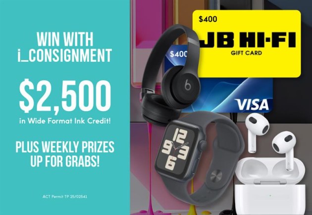Inks on Tap: Grand prize is $2500 in ink credit, with weekly prizes including Beats headphones, an Apple Watch SE, a JB Hi-Fi voucher, and a Visa gift card.