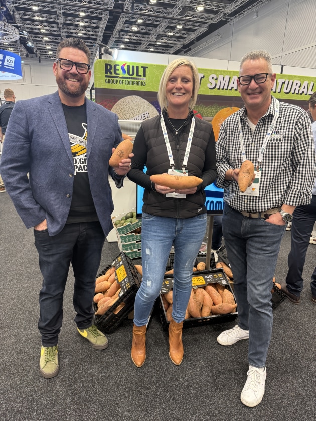 'Sweet As' campaigners on the Result Group stand at Hort Connections: Gilad Sadan, The Packaging Hippie; Claire from Australian Sweet Potato Growers; and Michael Dossor, GM of Result Group.