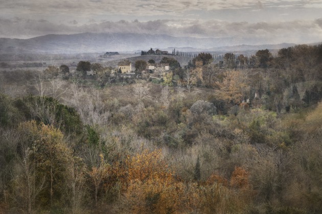 Tuscany, multiple exposure. In-camera multiple exposures help me to create unique perspectives of famous views and places. This is a four image capture with one main image showing the buildings being brighter than the rest and one frame with the orange leaves included to show that it was autumn. Canon R5, Canon RF 24-105mm F4L IS USM lens @ 77mm. 1/250s @ f7.1, ISO 320.