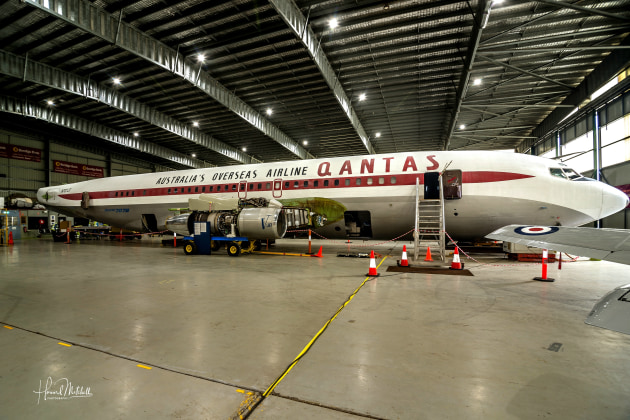 John Travolta's Boeing 707-138B undergoes preparation work in the HARS main hangar ahead of full assembly later this year. (Howard Mitchell).
