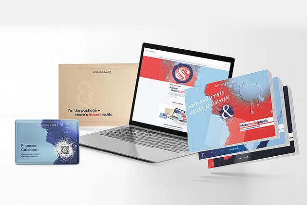 A special unboxing experience: Koenig & Bauer chose a sustainable shipping bag made of FSC-certified recycled cardboard. Its financial calendar has been produced interactively and sustainably on a metal card. Its new reporting approach comprises modular, digital and sustainable elements and substrates, in line with the three pillars of its Exceeding Print corporate strategy.