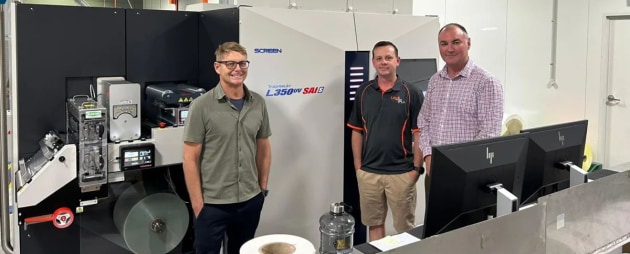 First in Queensland: With the new Screen L350UV SAI digital label press from Jet Technologies are (l-r) James Atkins, general manager, Label Plus; Chris Lee, production manager, Label Plus; and David Reece, sales director, Jet Technologies