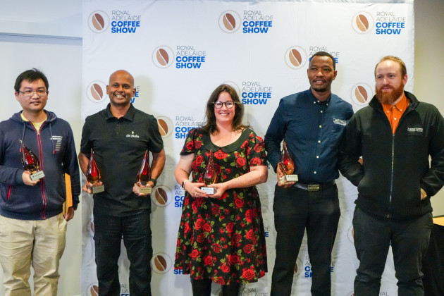 Royal Adelaide Coffee Show winners (l-r): Michael Ye, Edwin Deo, Mahalia Layzell, Abdul Aliye, and Jasper Trenfield