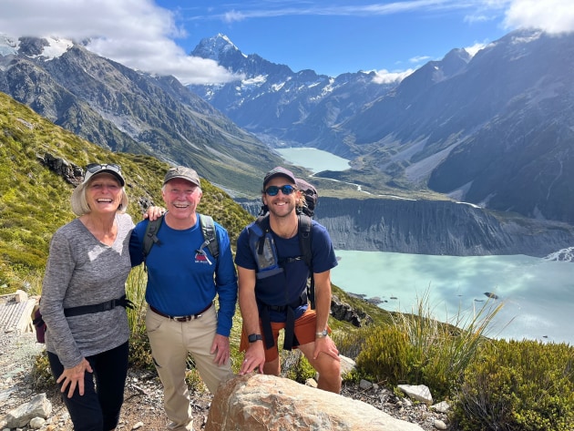 Guests exploring Aoraki NP with their guide on an Active Adventures experience. Image supplied