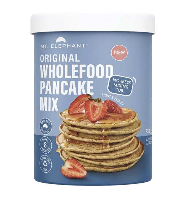 Mt Elephant’s Mix & Pour pancake range uses a paper-based pack designed to reduce single-use plastic.