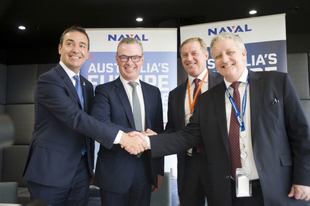 (Left to Right) Steven Marshall, Premier of South Australia, The Hon. Christopher Pyne MP, Minister for Defence Industries, Rob Hawketts, Vice President, Government Services Australia, KBR Australia and Brent Clark, Interim-CEO, Naval Group Australia. Credit: Naval Group