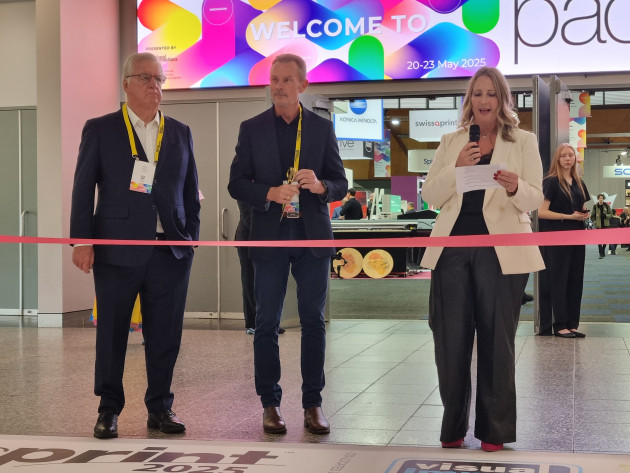 PacPrint opens: (l-r) Kevin Pidgeon, VMA; Mitch Mulligan, Visual Connections; and Kirsten Taylor, Taylor'd Press