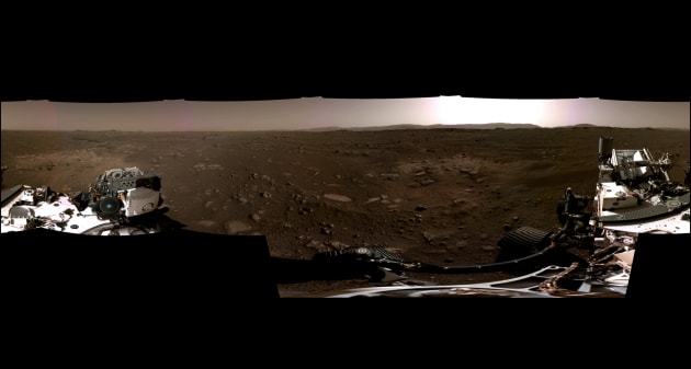 This panorama, taken on February 20, 2021 by the Navigation Cameras (Navcams) aboard Perseverance, was stitched together from six individual images after they were sent back to Earth. (Supplied: NASA/ JPL-Caltech)