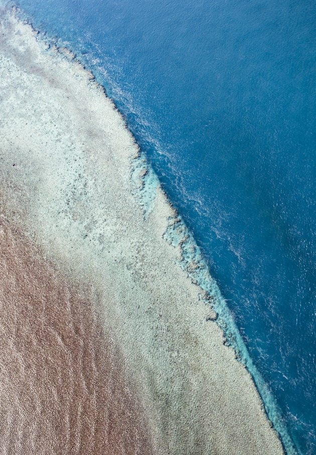 © Paul Hoelen. Layerings of reef and water merge together with equal amounts of texture. Great Barrier Reef, Whitsundays, Queensland.