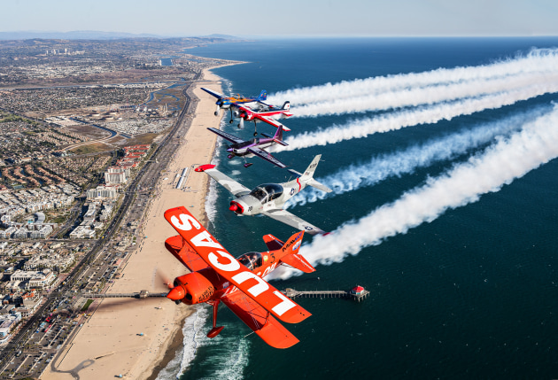 Performers join up over Huntington Beach at the Pacific Airshow in California. (Supplied)