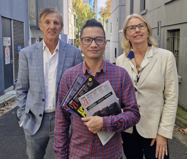 Changes for Print21: (l-r) Wayne Robinson retiring, Jan Arreza new editor, and Lindy Hughson becomes managing editor
