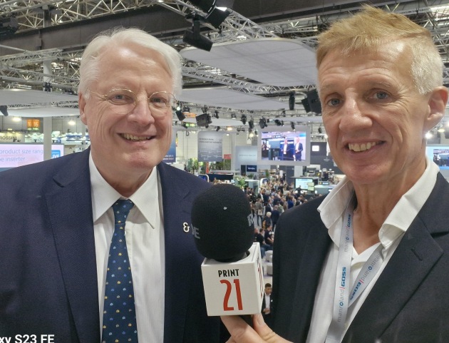 Re-elected as chair of the drupa committee for 2028: Dr Andreas Plesske, pictured with Print21 editor Wayne Robinson at the last drupa